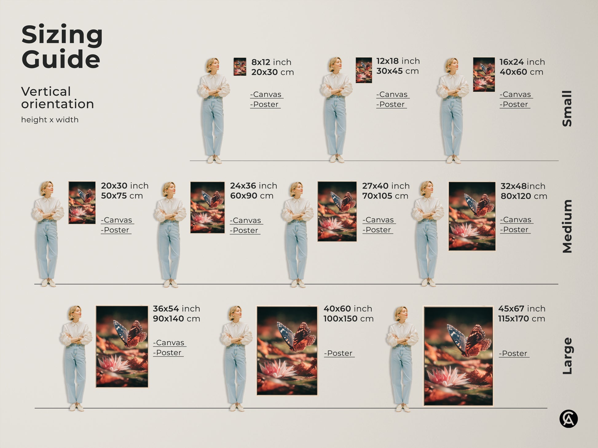 Sizing guide for vertical orientation butterfly and water lily art. Available in canvas and poster options. Choose from small medium and large sizes to fit your decor needs perfectly.