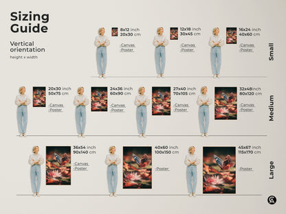 Sizing guide for vertical orientation butterfly and water lily art. Available in canvas and poster options. Choose from small medium and large sizes to fit your decor needs perfectly.