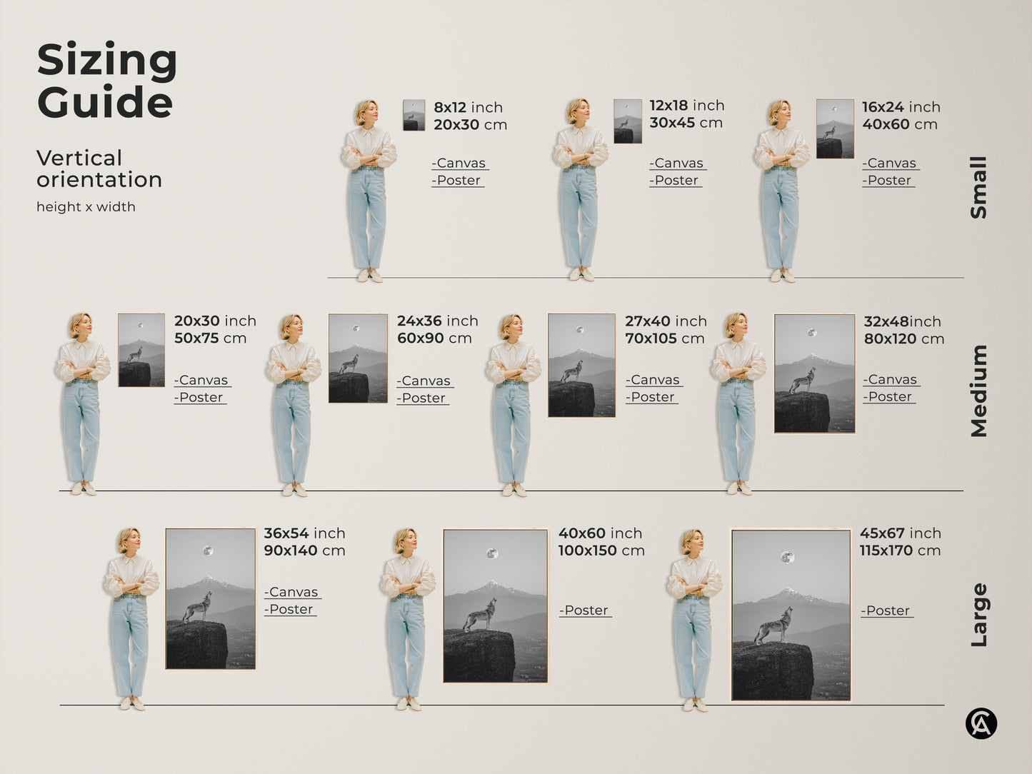 Sizing guide for wolf howling at moon canvas. Visualize the art in small medium and large sizes. Find the perfect fit for your space with this vertical orientation guide.