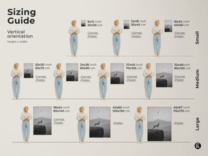 Sizing guide for wolf howling at moon canvas. Visualize the art in small medium and large sizes. Find the perfect fit for your space with this vertical orientation guide.