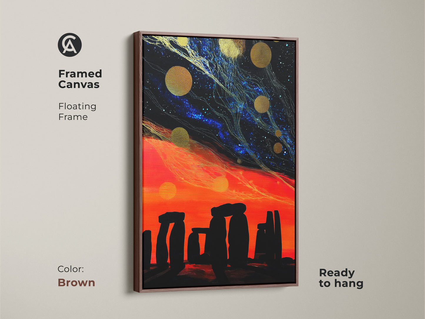 Framed canvas abstract Stonehenge artwork. Brown floating frame. Cosmic starry night sky art adds fantasy to any room. The canvas features a celestial galaxy and ancient stonehenge decor. It's a colorful night sky print ready to hang.