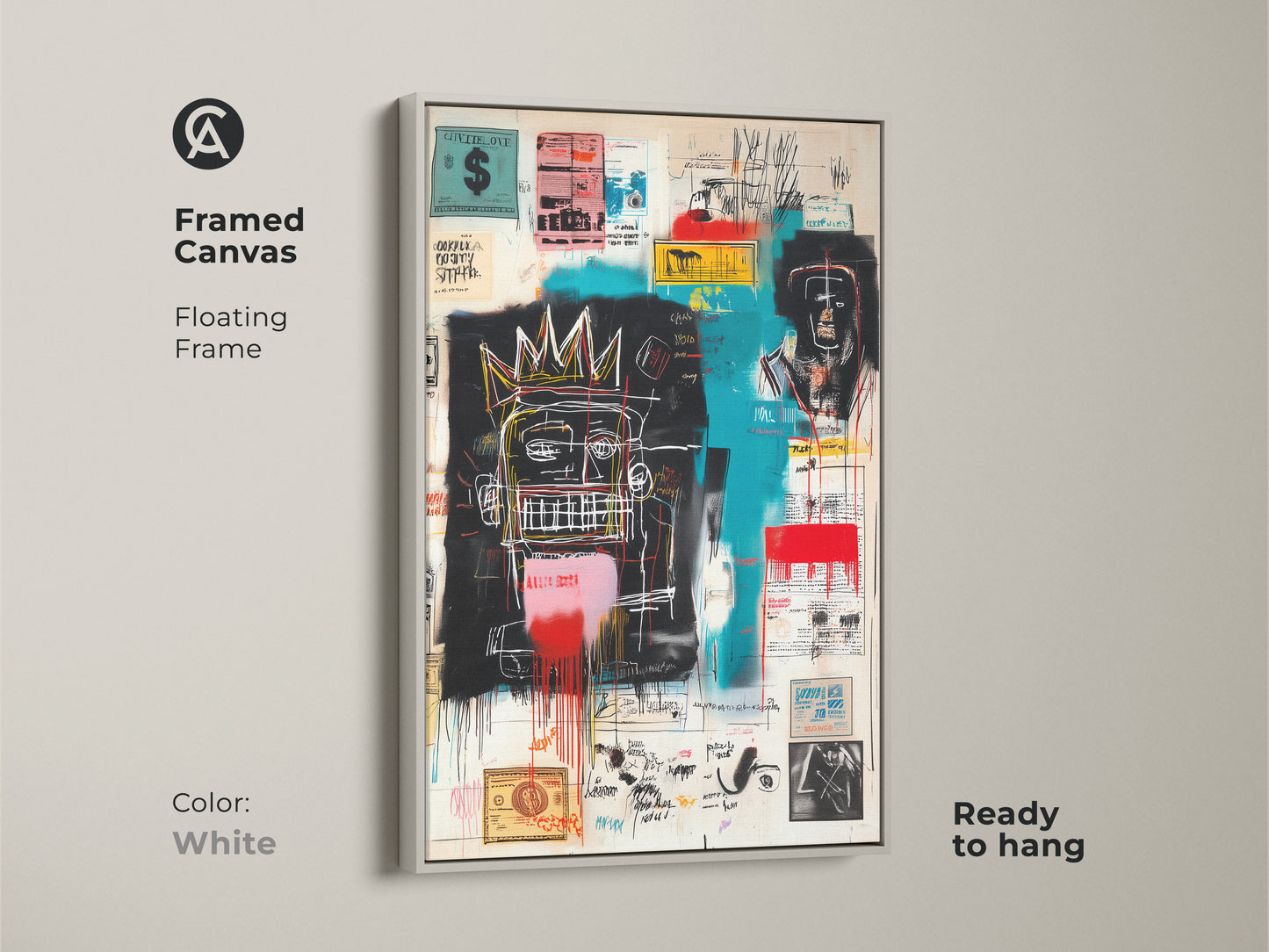 Basquiat artwork on a framed canvas. White floating frame provides a clean modern look. This ready-to-hang canvas print is a great addition to any art collection. Shop our selection of framed art prints online.