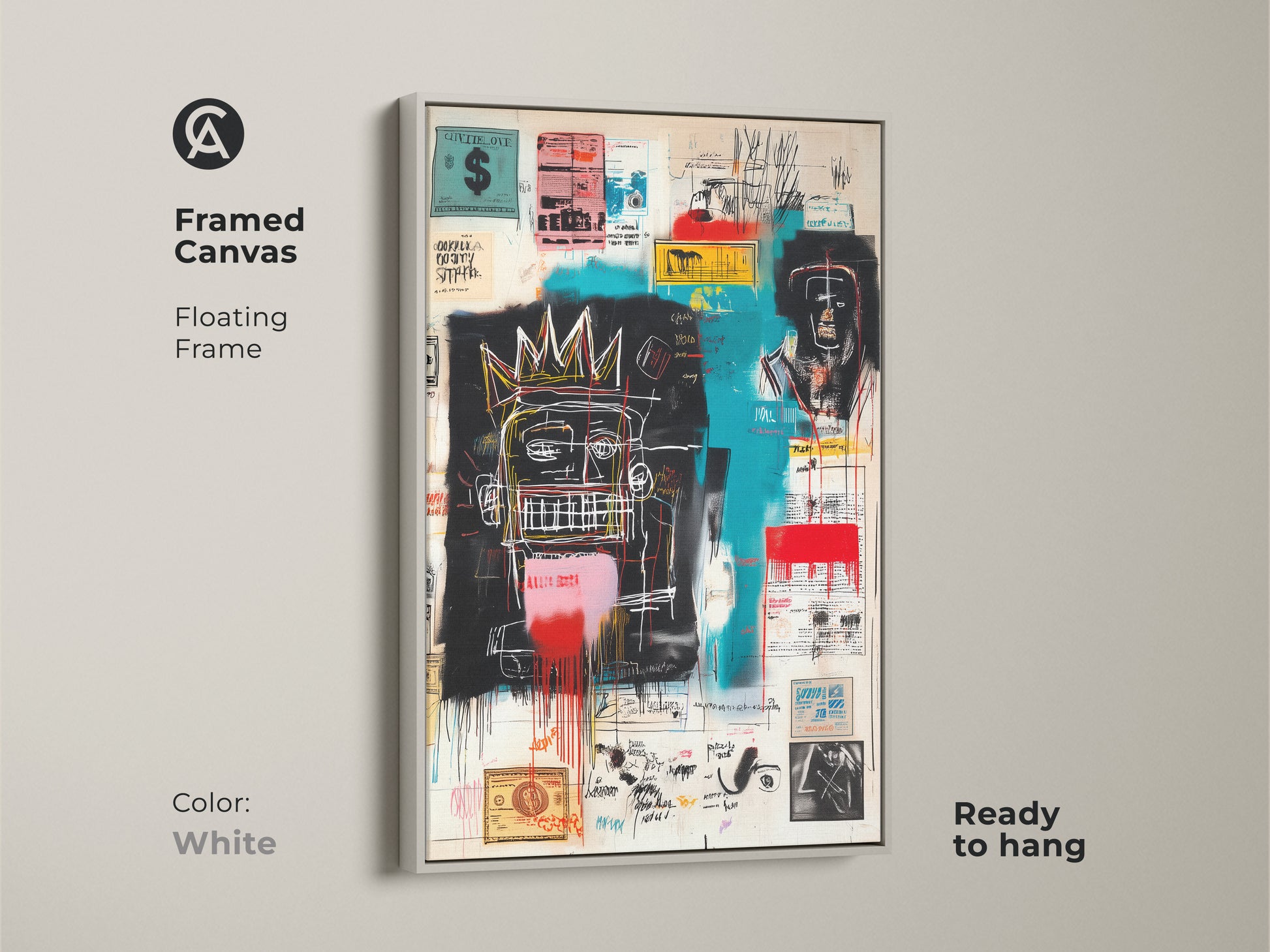 Basquiat artwork on a framed canvas. White floating frame provides a clean modern look. This ready-to-hang canvas print is a great addition to any art collection. Shop our selection of framed art prints online.