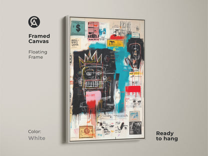 Basquiat artwork on a framed canvas. White floating frame provides a clean modern look. This ready-to-hang canvas print is a great addition to any art collection. Shop our selection of framed art prints online.
