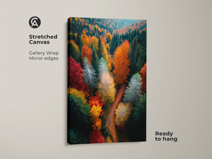 Stretched canvas print of a colorful forest. This gallery-wrapped canvas art shows an aerial view of trees in autumn colors. Ready to hang this landscape art adds a touch of nature to your home decor.