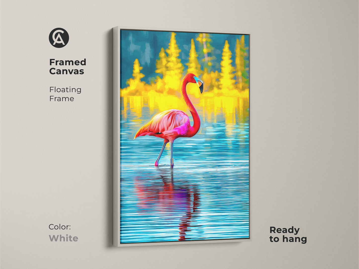 Framed canvas art showcasing a pink flamingo. The white floating frame complements the tropical bird wall art. Blue water and yellow pine trees create a serene nature scene. Ready to hang for eclectic bedroom decor. A bird lover's delight.
