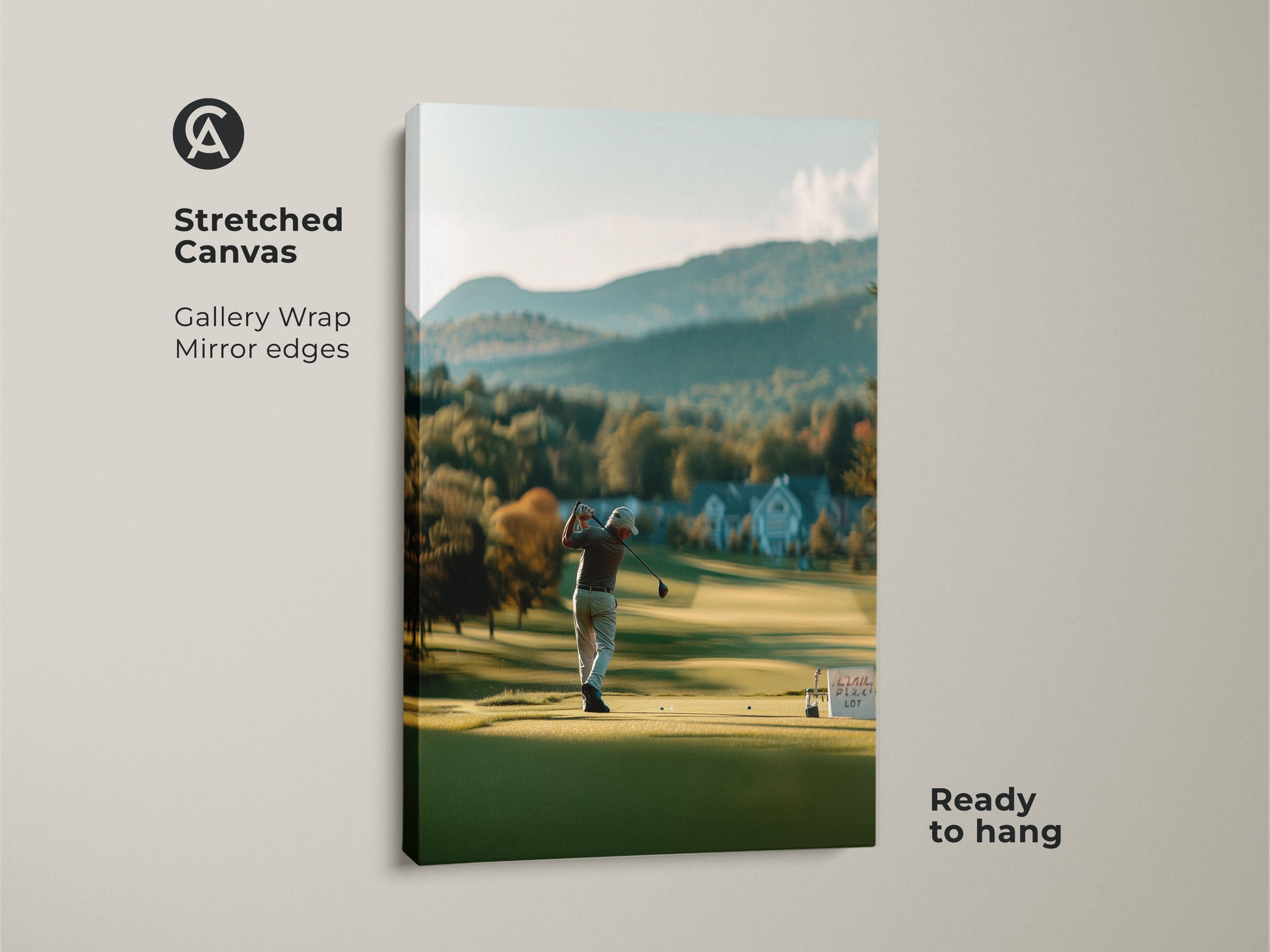 Experience golf course beauty with our stretched canvas art. Gallery wrapped with mirrored edges this artwork is ready to hang. A golfer tees off against a scenic mountain view. Ideal for adding elegance to any room.