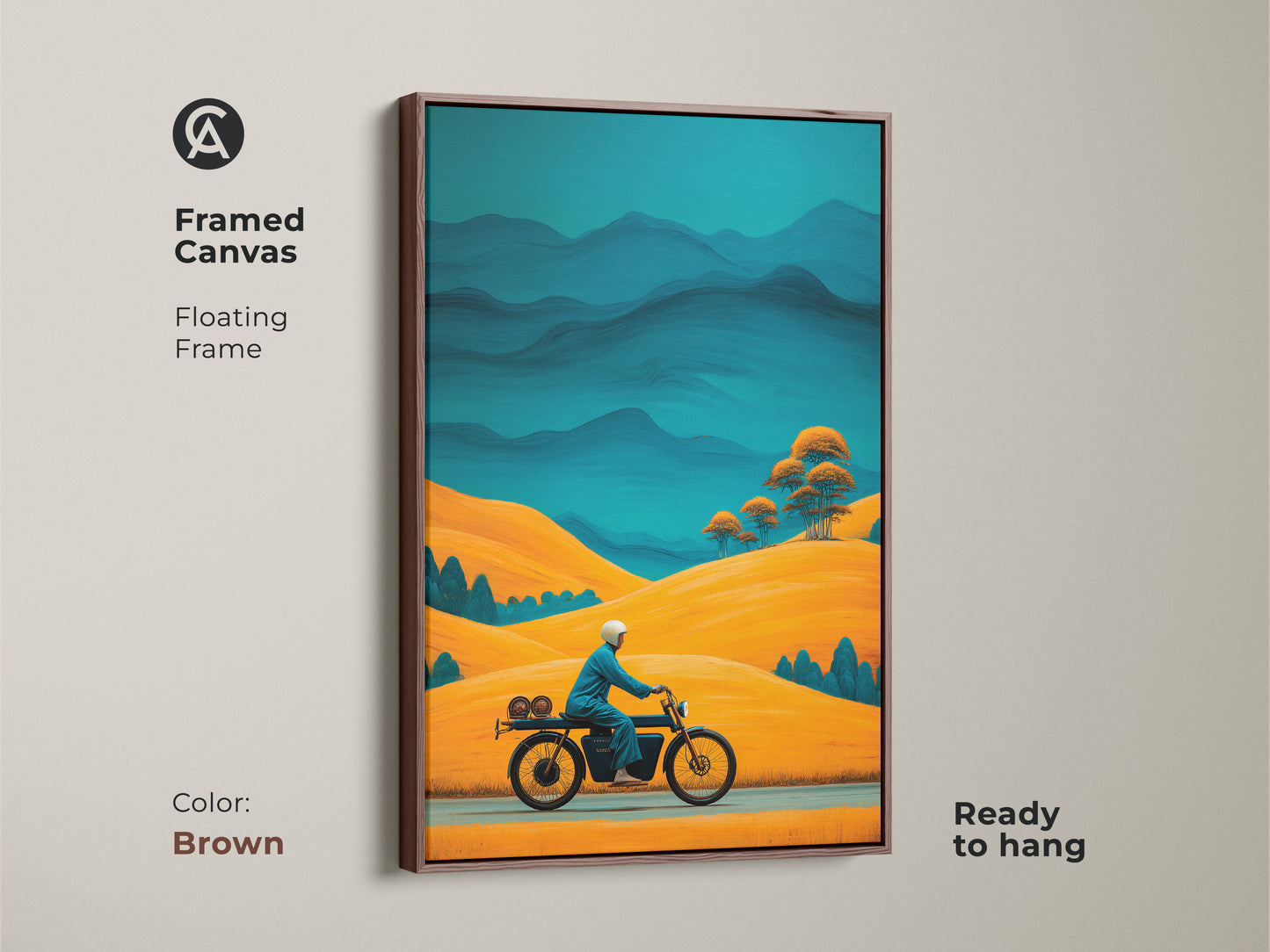 Framed canvas with a brown floating frame featuring a retro motorcycle print. Golden yellow hills and teal blue mountains create a Mid-Century Modern art. Road trip lovers will adore this adventure travel decor that's ready to hang.