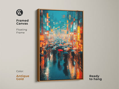 This framed canvas displays cyberpunk rainy night art in an antique gold frame. The artwork shows a neon Japanese street. Ready to hang the cinematic artwork brings an artistic and trendy urban vibe to modern living rooms. It's a great gift for art enthusiasts.