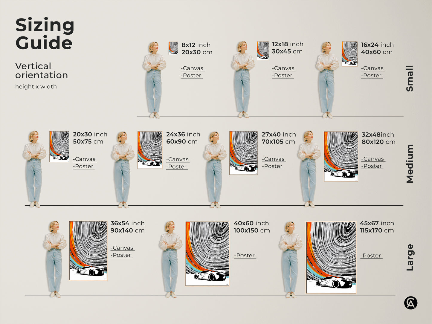 Find your ideal size with our sizing guide for vertical abstract prints. Available in various sizes for canvas and poster options. The modern sports car art suits any space. Transform your walls with black white orange artwork. Perfect for creating a dynamic decor.