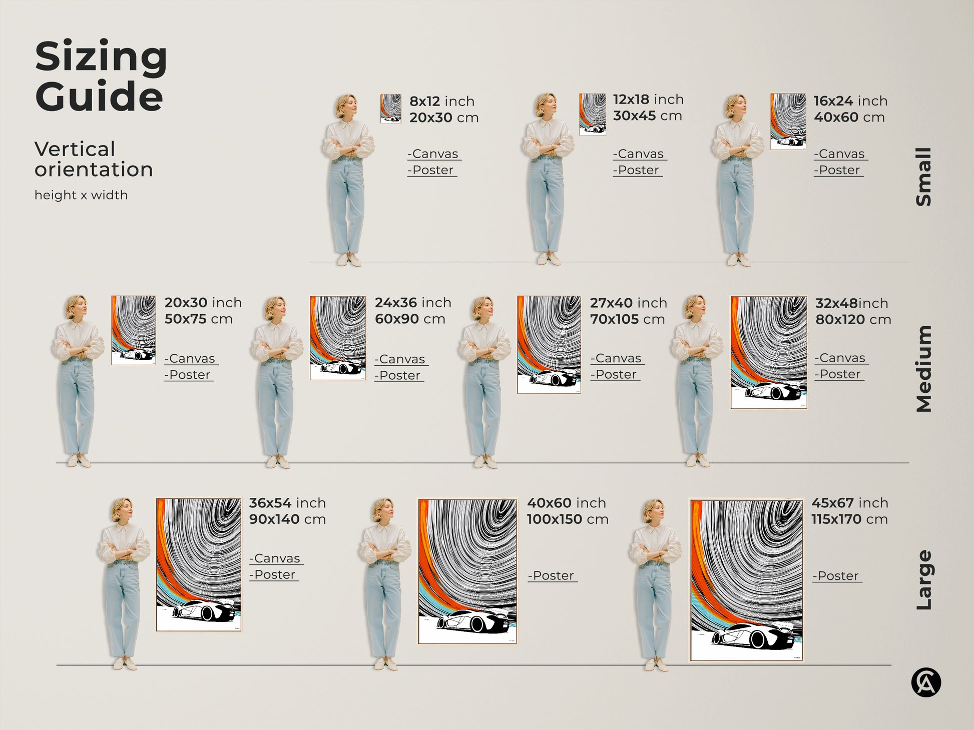 Find your ideal size with our sizing guide for vertical abstract prints. Available in various sizes for canvas and poster options. The modern sports car art suits any space. Transform your walls with black white orange artwork. Perfect for creating a dynamic decor.