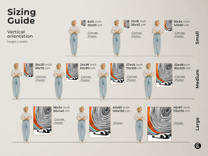Find your ideal size with our sizing guide for vertical abstract prints. Available in various sizes for canvas and poster options. The modern sports car art suits any space. Transform your walls with black white orange artwork. Perfect for creating a dynamic decor.