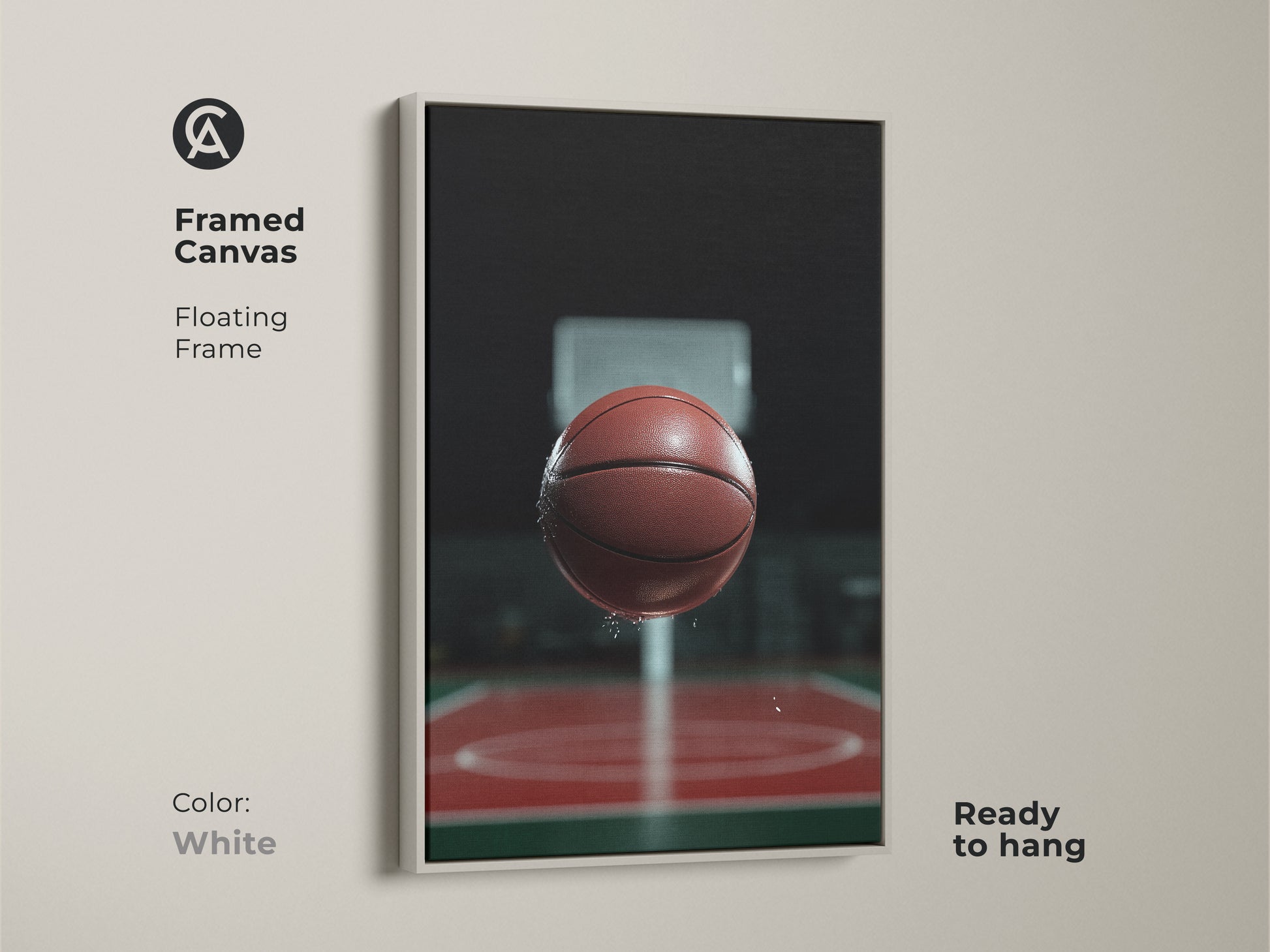 Framed canvas featuring basketball action art. This floating frame with a white finish is ready to hang. The artwork brings a modern vibe to any man cave or office. It makes a great gift for basketball enthusiasts. Perfect for sports enthusiasts.