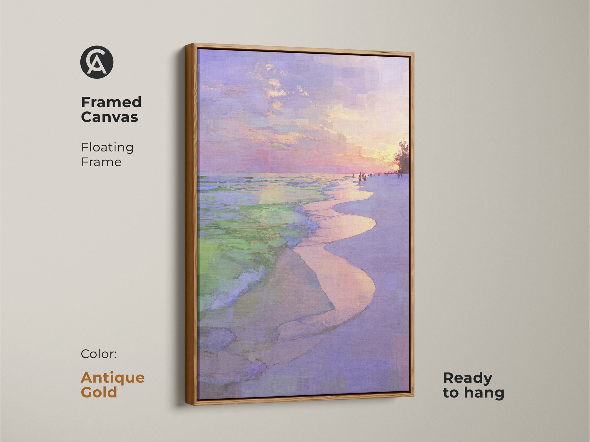 Framed canvas showcases a floating frame in antique gold. Impressionistic beach sunset artwork is ready to hang. Coastal ocean waves wall print with a purple pink sky landscape. Seaside home decor gift adds a touch of elegance.