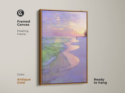 Framed canvas showcases a floating frame in antique gold. Impressionistic beach sunset artwork is ready to hang. Coastal ocean waves wall print with a purple pink sky landscape. Seaside home decor gift adds a touch of elegance.