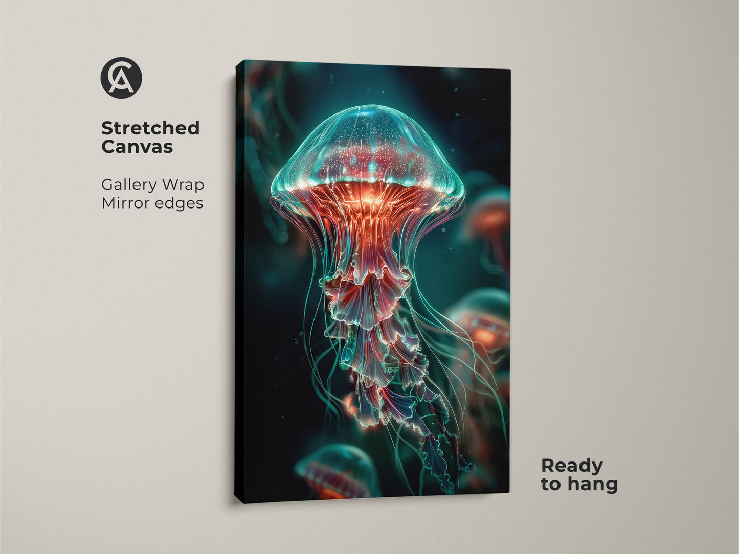 Stretched canvas print showcasing a jellyfish artwork. The gallery wrap and mirror edges provide a clean look. This canvas is ready to hang. It adds a touch of underwater beauty to any space. Perfect for ocean themed decor.