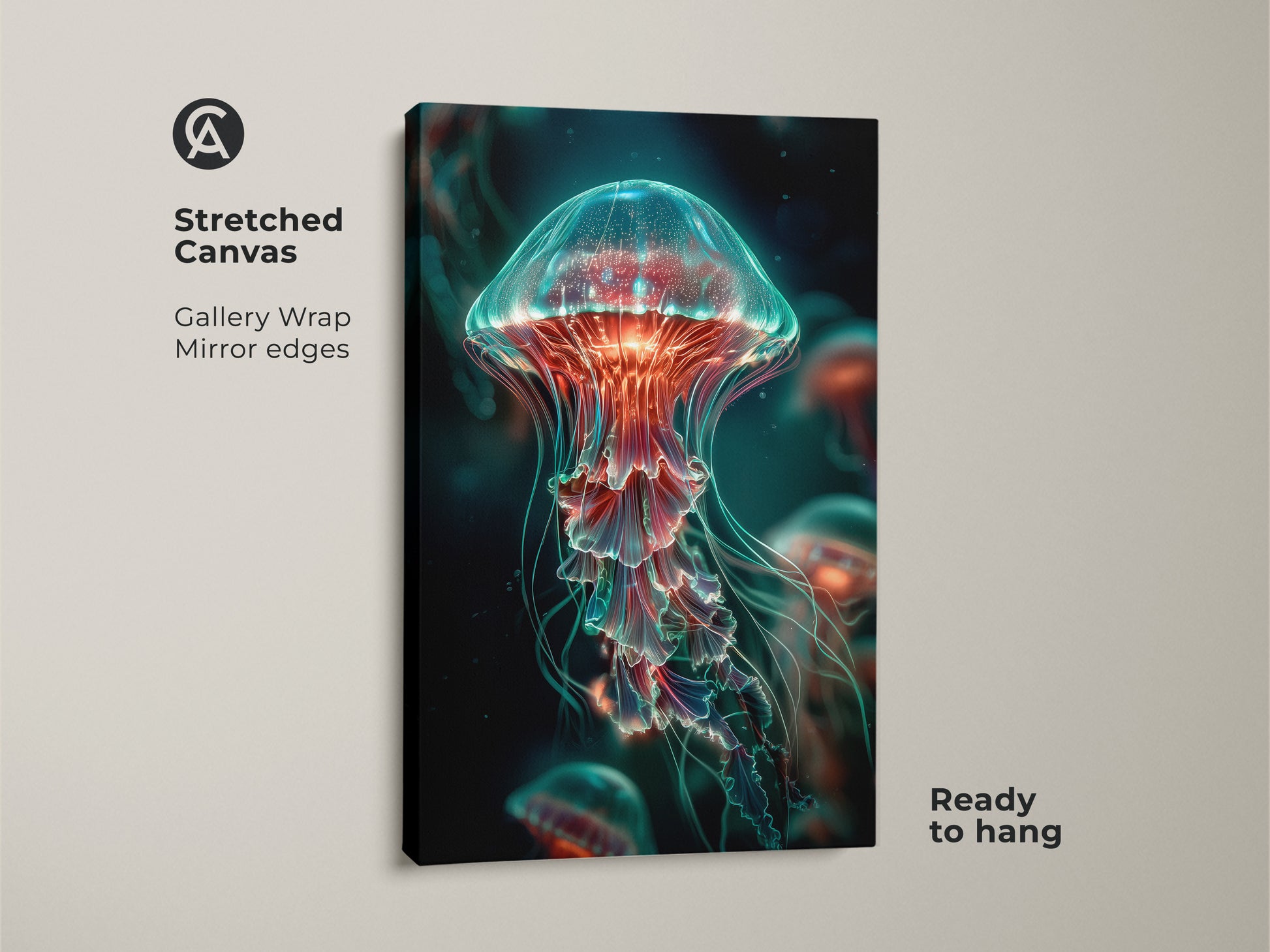 Stretched canvas print showcasing a jellyfish artwork. The gallery wrap and mirror edges provide a clean look. This canvas is ready to hang. It adds a touch of underwater beauty to any space. Perfect for ocean themed decor.