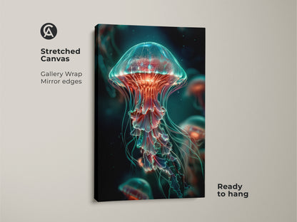 Stretched canvas print showcasing a jellyfish artwork. The gallery wrap and mirror edges provide a clean look. This canvas is ready to hang. It adds a touch of underwater beauty to any space. Perfect for ocean themed decor.