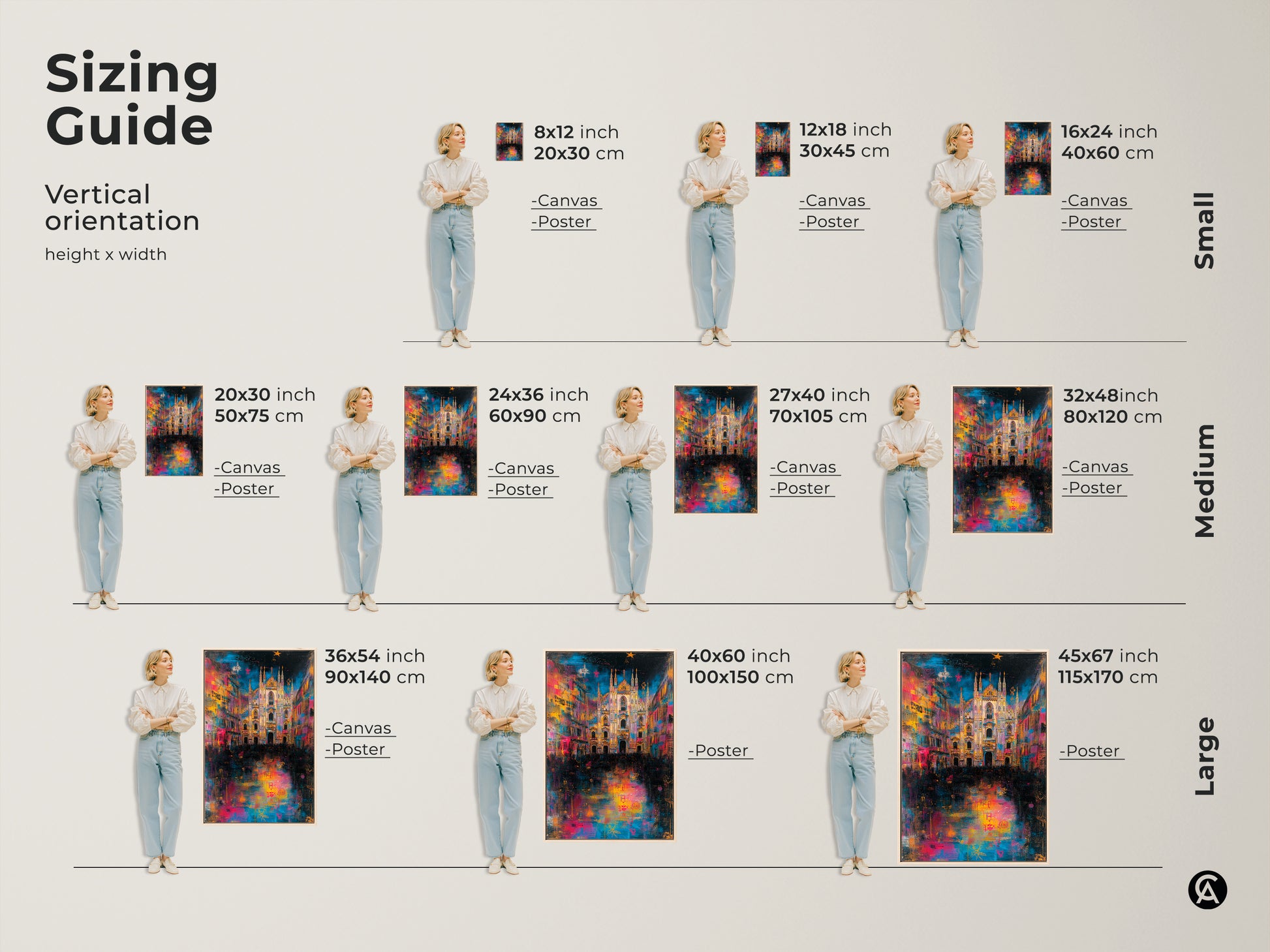 Sizing guide for the Milan Cathedral art print. Available in vertical orientation. Choose from canvas or poster prints. Find the perfect size to fit your space. Small medium and large sizes are available.