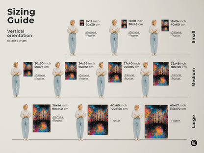 Sizing guide for the Milan Cathedral art print. Available in vertical orientation. Choose from canvas or poster prints. Find the perfect size to fit your space. Small medium and large sizes are available.
