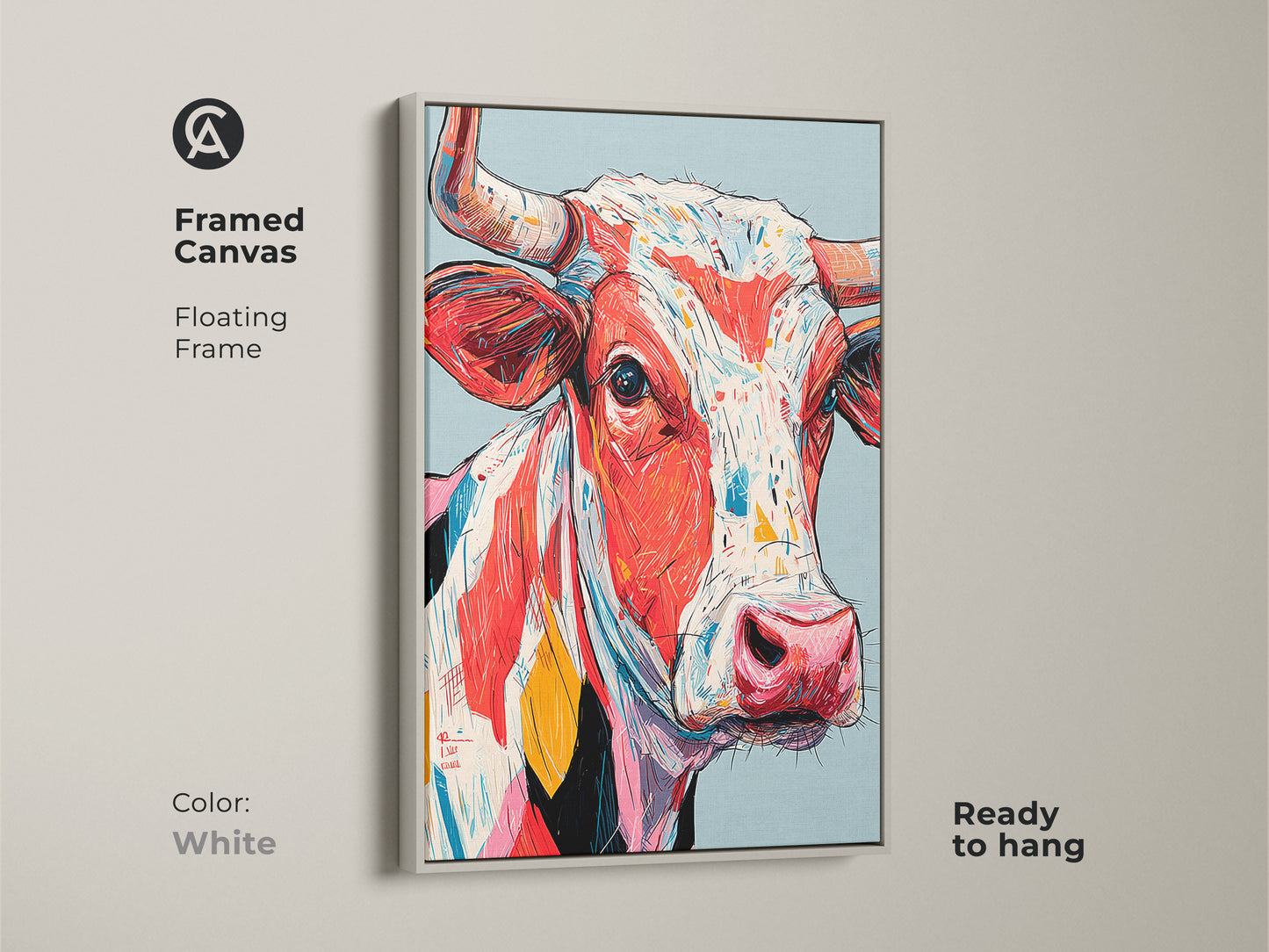 Framed canvas print featuring a colorful cow artwork with a white floating frame. This ready-to-hang art adds a fresh look. The framed art enhances the vibrant colors. Ideal for modern interiors.