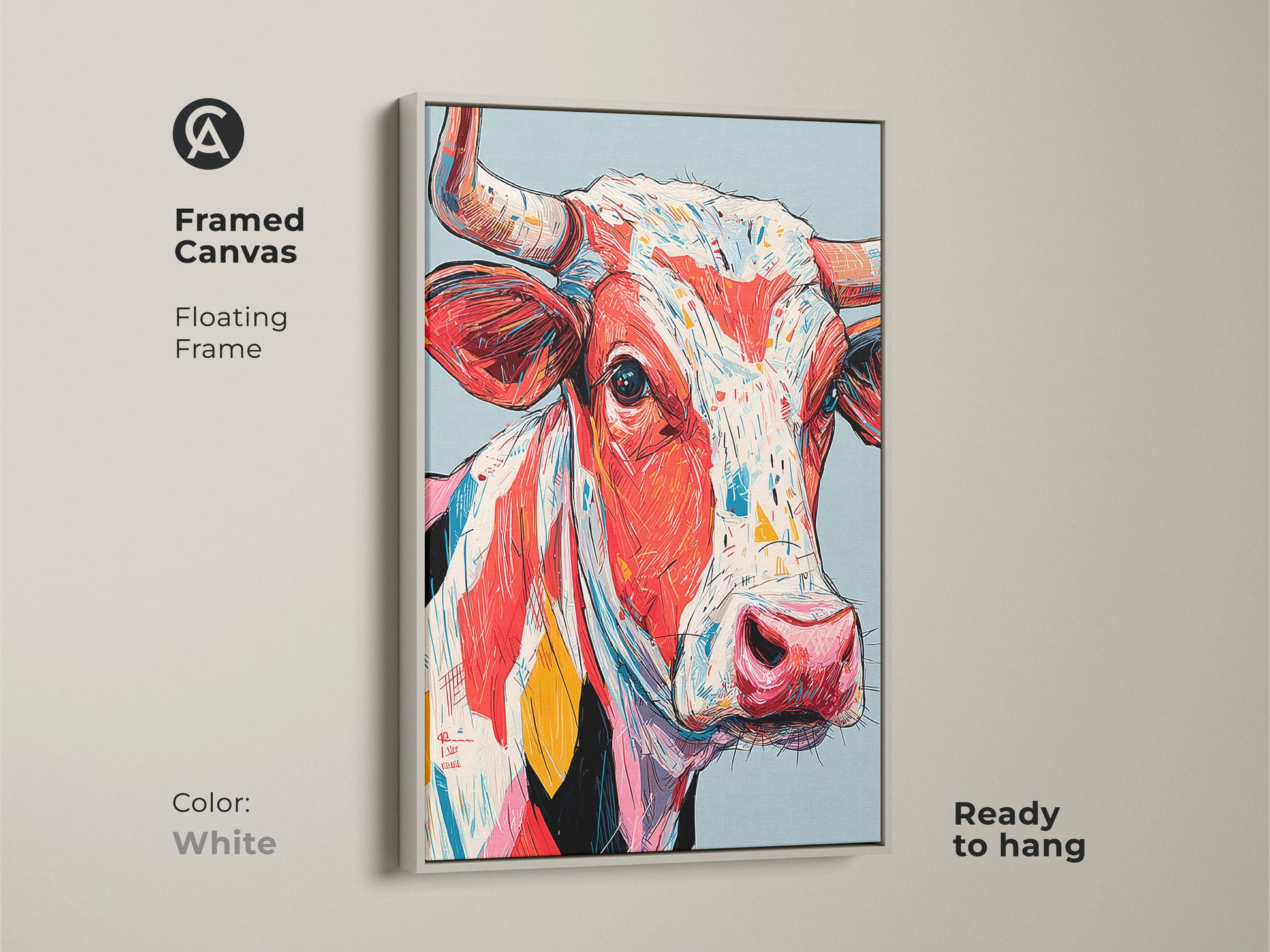 Framed canvas print featuring a colorful cow artwork with a white floating frame. This ready-to-hang art adds a fresh look. The framed art enhances the vibrant colors. Ideal for modern interiors.