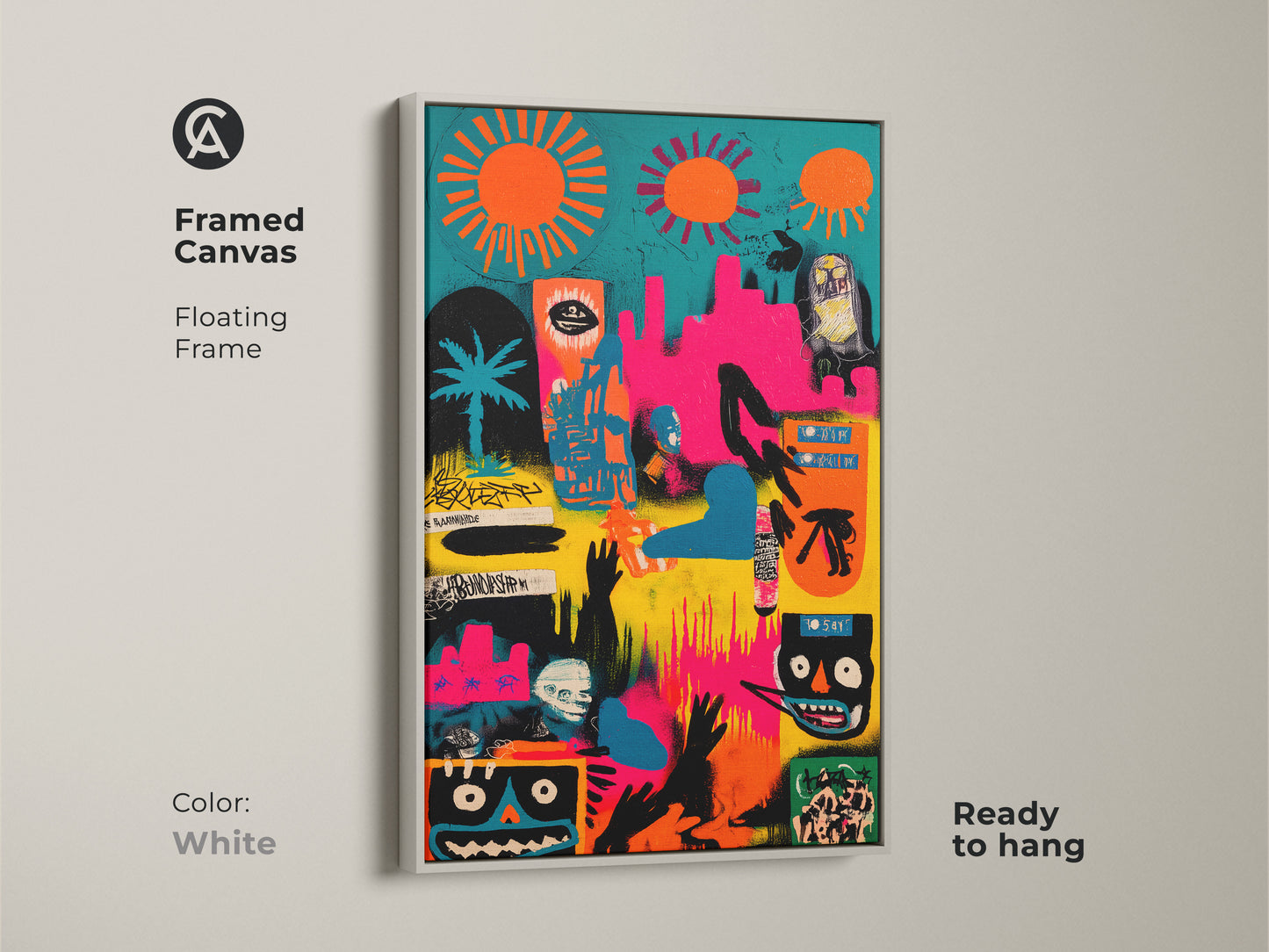 Framed canvas with a floating frame in white. The abstract artwork features graffiti-style figures. This modern art piece is ready to hang adding an artistic touch. The framed canvas enhances any living space with creativity