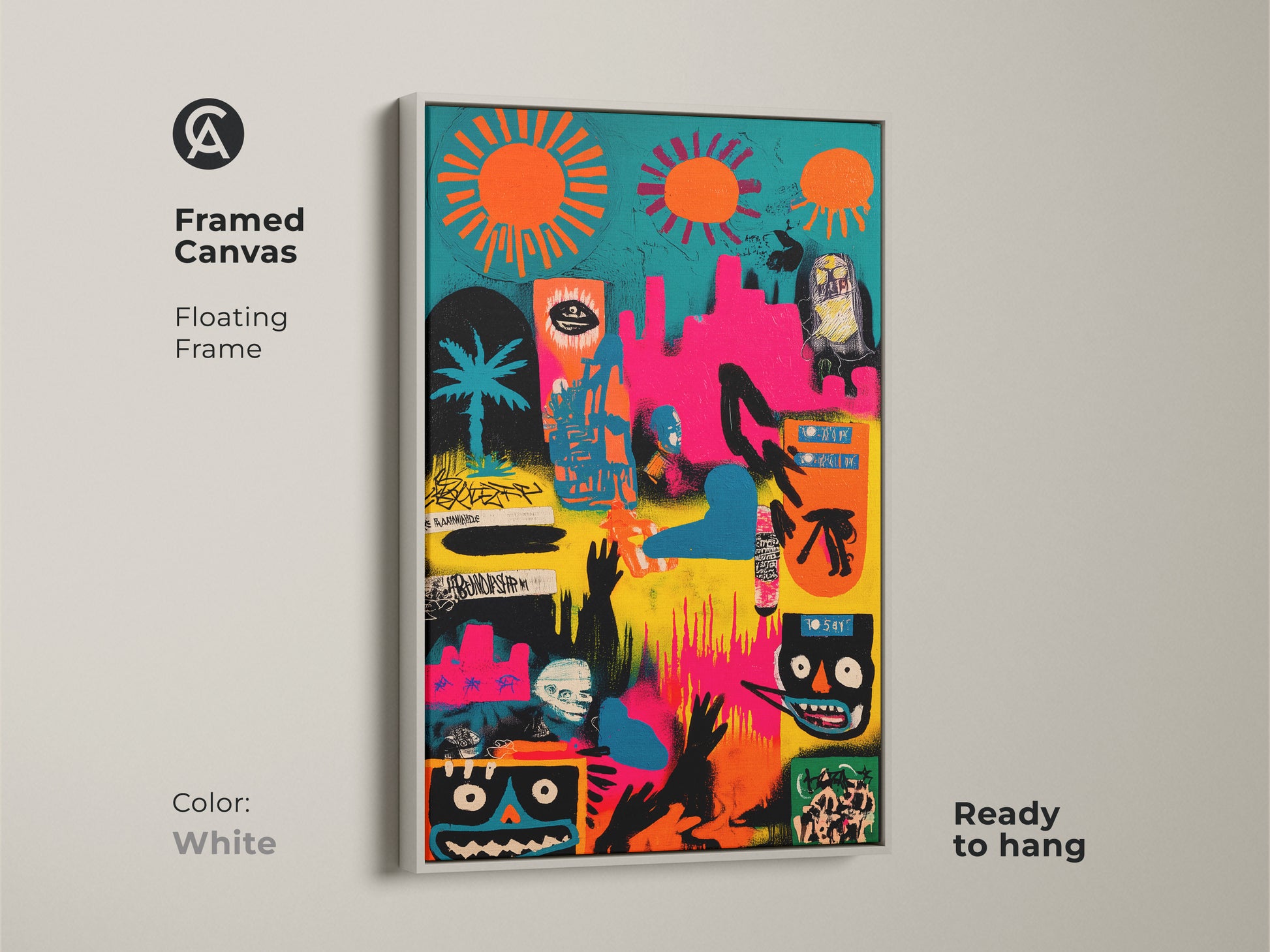 Framed canvas with a floating frame in white. The abstract artwork features graffiti-style figures. This modern art piece is ready to hang adding an artistic touch. The framed canvas enhances any living space with creativity
