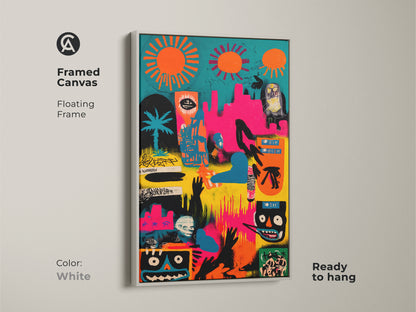 Framed canvas with a floating frame in white. The abstract artwork features graffiti-style figures. This modern art piece is ready to hang adding an artistic touch. The framed canvas enhances any living space with creativity