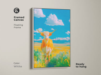 Framed canvas with a white floating frame. The artwork presents a Longhorn cow in a colorful field with a blue sky. Fluffy clouds drift above. This framed art is ready to hang adding a fresh look to your home decor.