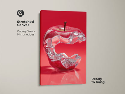 Stretched Canvas of a crystal apple wall art with a crimson background. The abstract crystal apple print has gallery wrapped mirror edges and is ready to hang. It makes a unique foodie gift idea.