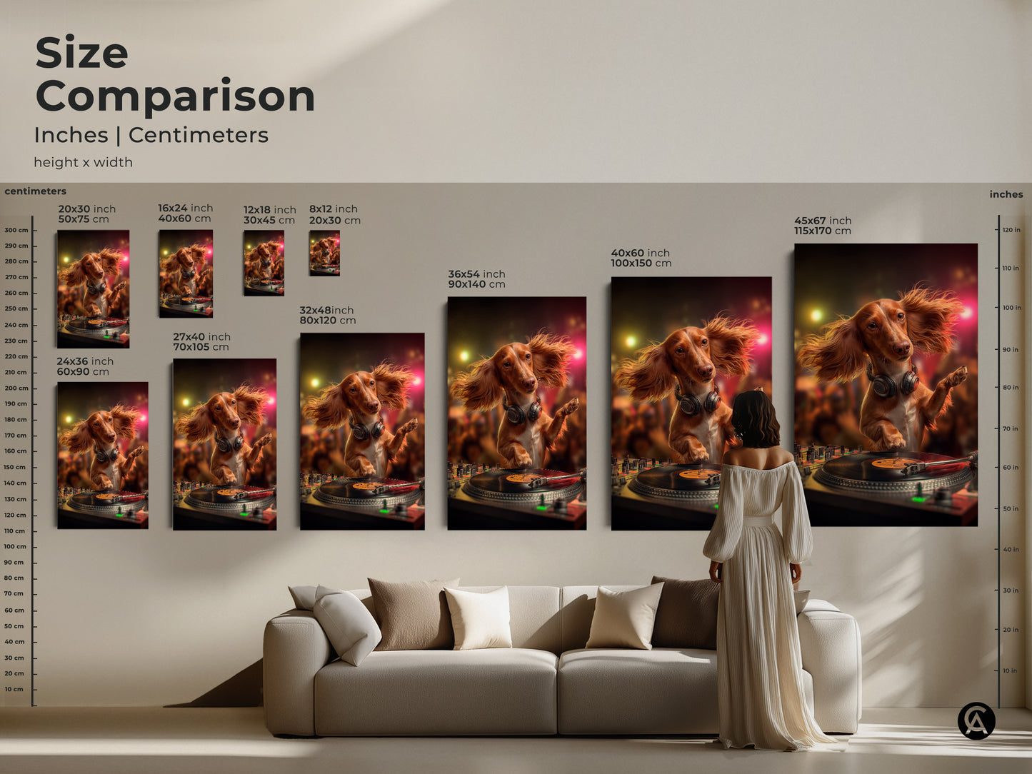 Size comparison of the Dachshund DJ artwork in inches and centimeters. The music themed canvas looks great above a sofa. Choose the perfect size for your space. This eclectic animal print is ideal for residential wall art.