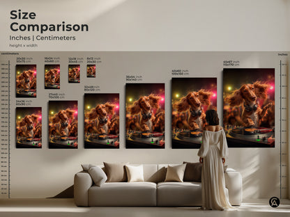 Size comparison of the Dachshund DJ artwork in inches and centimeters. The music themed canvas looks great above a sofa. Choose the perfect size for your space. This eclectic animal print is ideal for residential wall art.