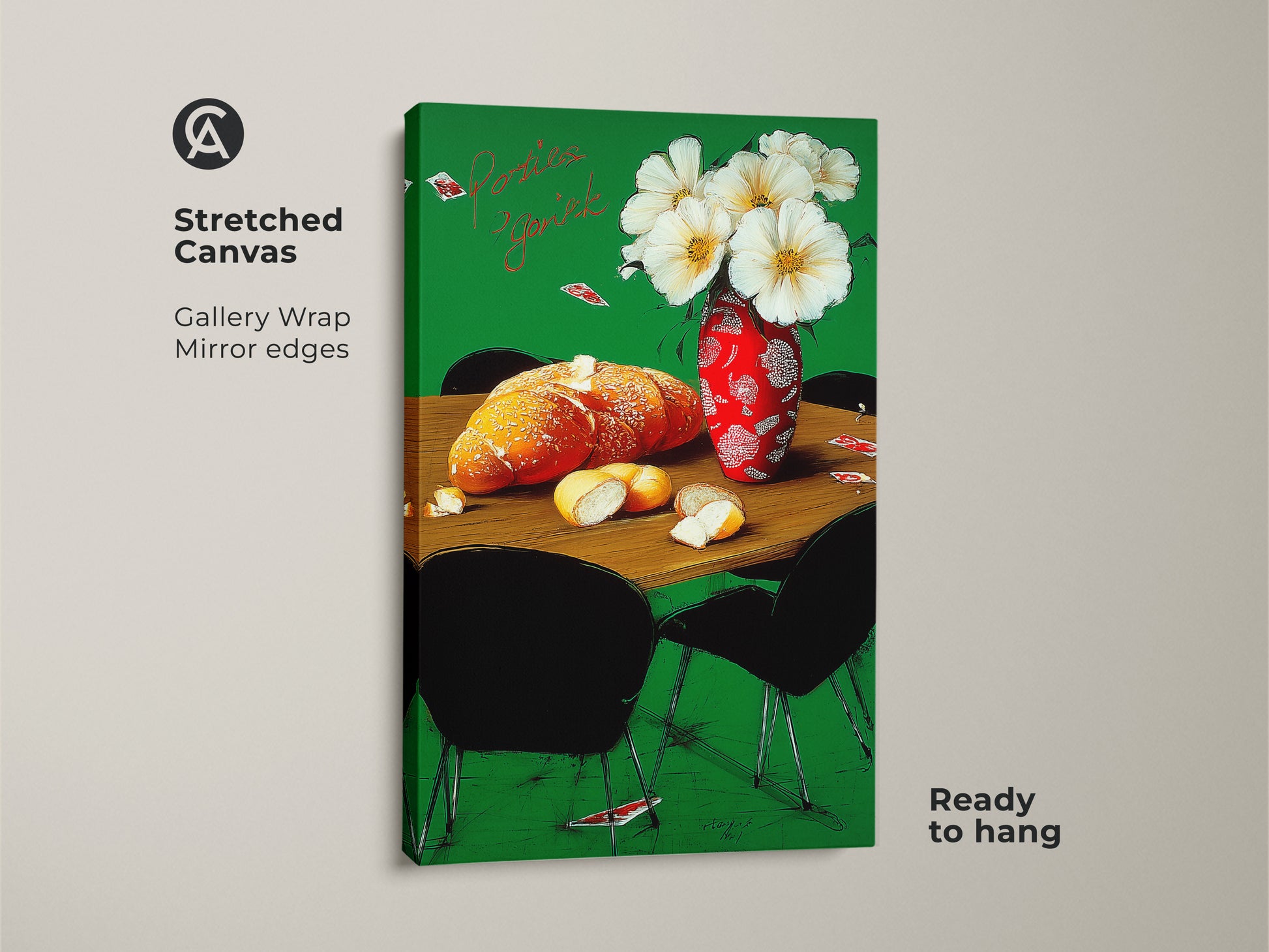 A stretched canvas art print of a French bakery still life with crusty bread and white flowers. The artwork features a red vase against a green background. It's ready to hang with gallery wrapped mirror edges.