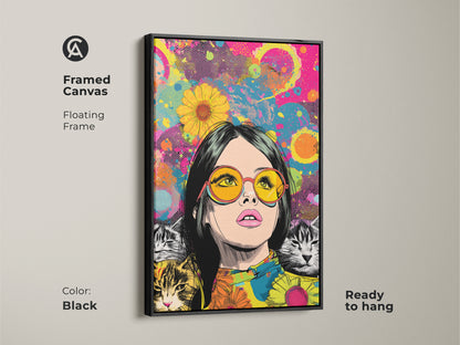 Framed canvas art featuring a pop art woman and cats in a floating black frame. This retro cat lover gift is ready to hang. The eclectic wall art print complements bedroom decor. The hot pink yellow teal colors make a statement. This animal portrait canvas is a unique wall hanging art. Perfect vibrant home decor.