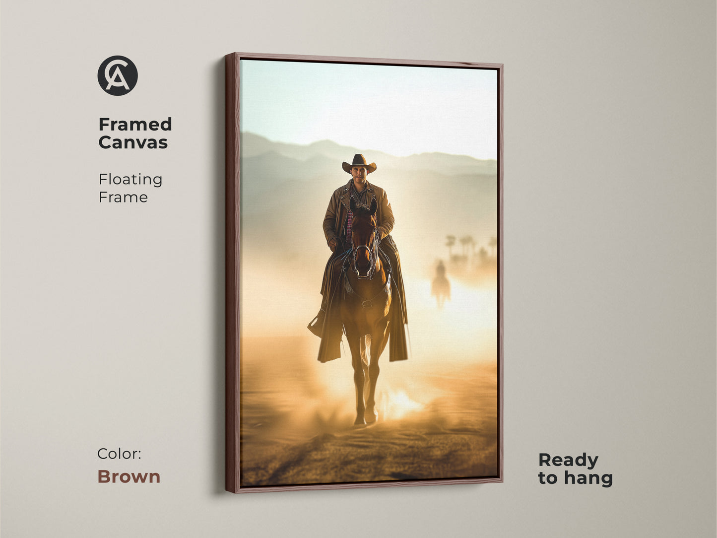 Framed canvas artwork of a Western cowboy on horseback. The floating frame is brown and ready to hang. Perfect rustic horse art for equestrian enthusiasts. The tan and brown canvas adds a western touch to any room.