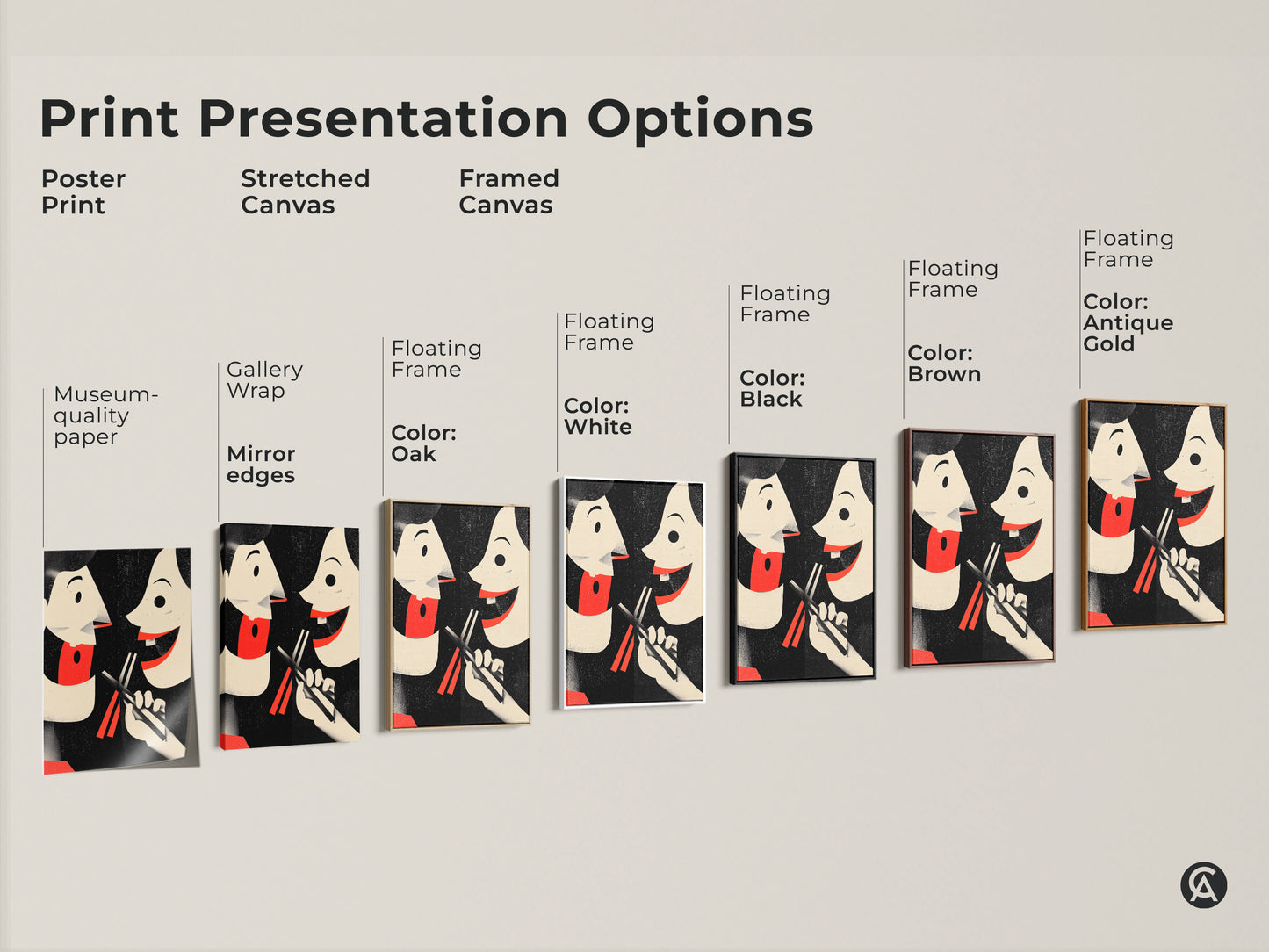 Explore various print options of retro couple art. Choose from poster print to stretched or framed canvas. Asian culture inspired wall art is perfect for the kitchen. An eclectic touch for foodies. Ideal unique gifts celebrating shared moments.