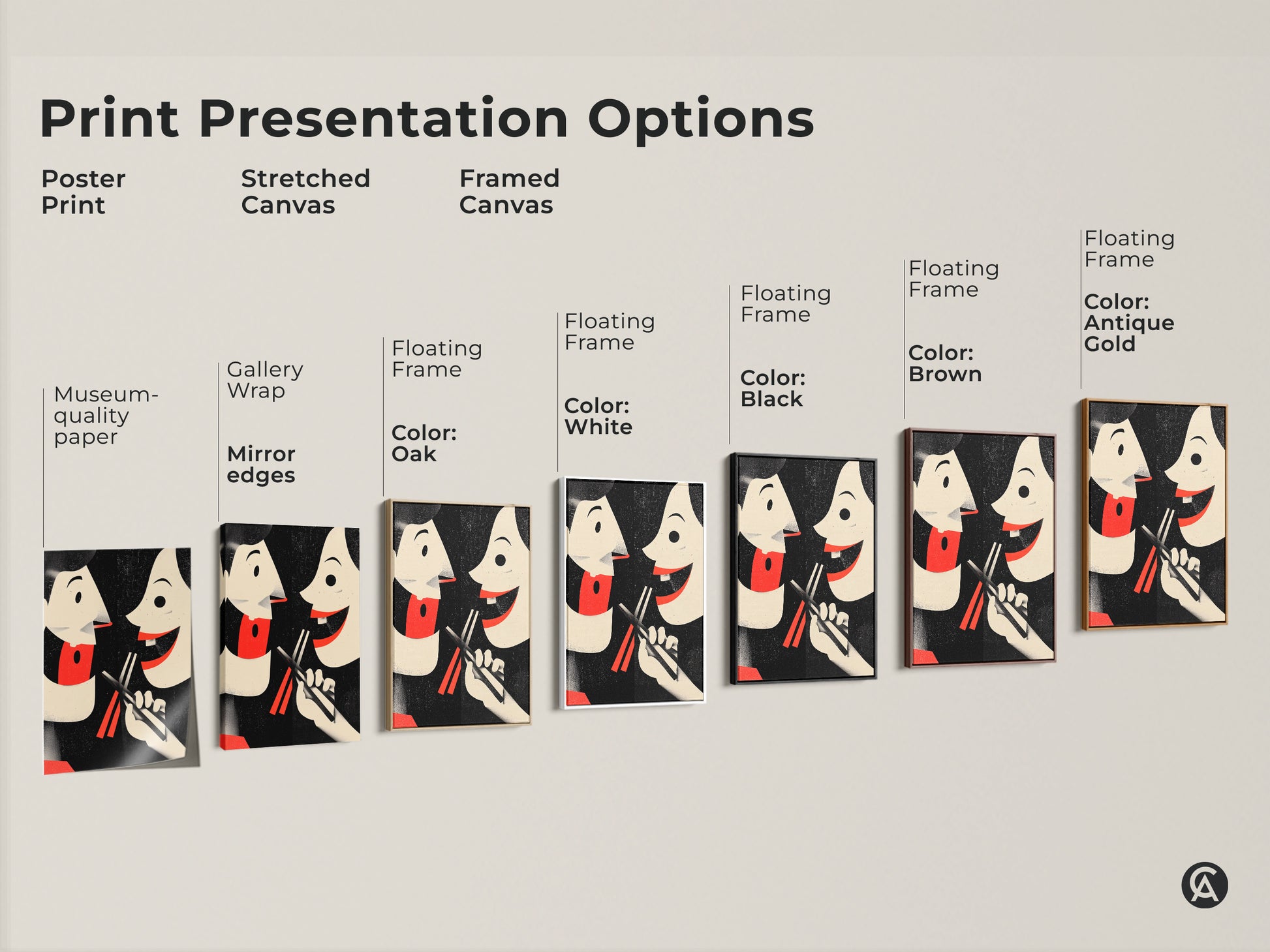 Explore various print options of retro couple art. Choose from poster print to stretched or framed canvas. Asian culture inspired wall art is perfect for the kitchen. An eclectic touch for foodies. Ideal unique gifts celebrating shared moments.