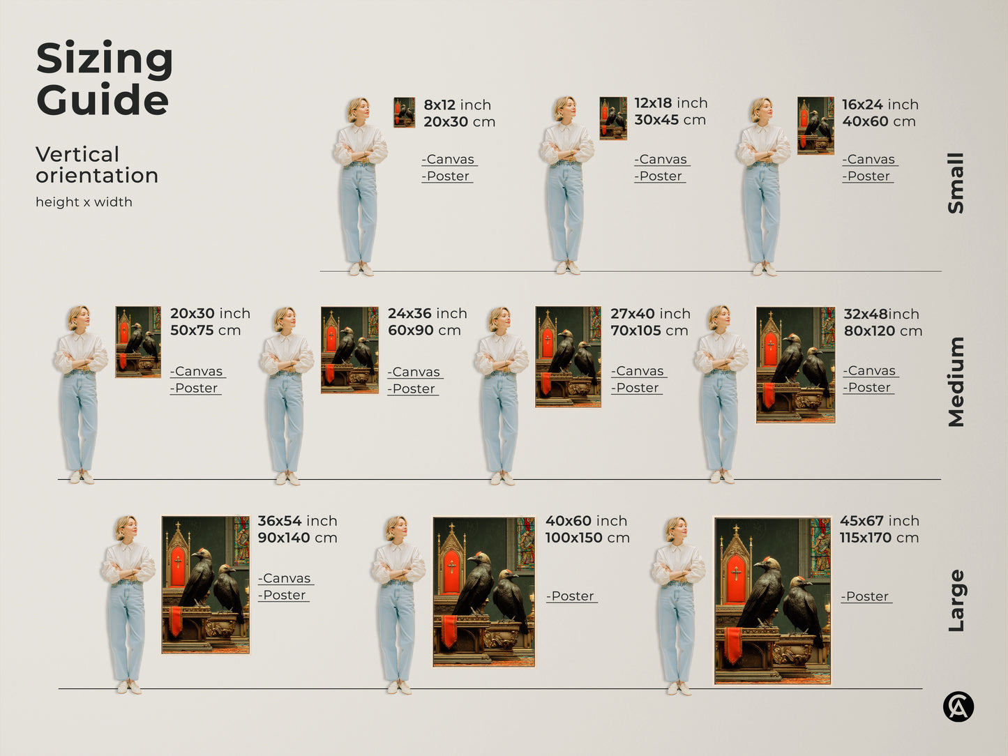 This sizing guide shows vertical options for Gothic Altar Crow Art Print. Available as canvas or poster prints. Find the perfect fit for your study room or gothic home office decor in small medium or large sizes.