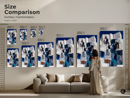 Size comparison showcases various sizes of our abstract climbers artwork. See how this piece transforms a living room. Its deep blue and white tones create a modern artistic touch.