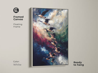 Framed canvas floating frame features abstract geese art in a white frame. The indigo and dark blue sky creates a contemporary wildlife art. Ready to hang decor for bird lovers.