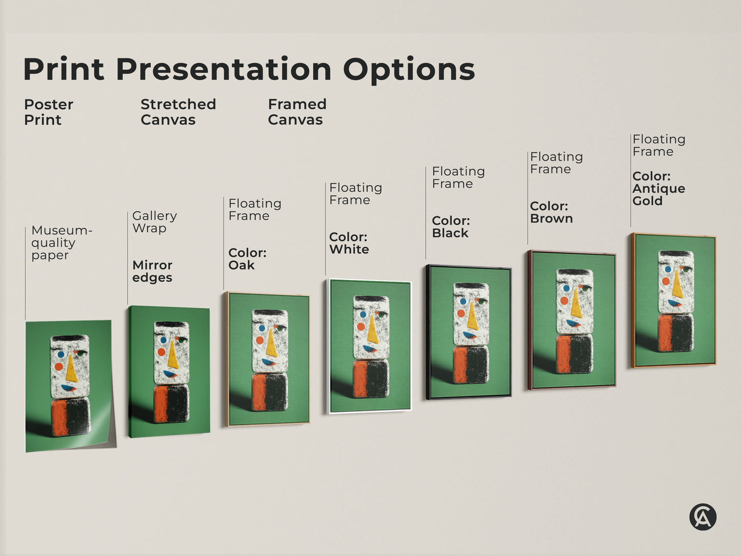 Print presentation options for abstract face art. Choose from poster print stretched canvas or framed canvas. Options include gallery wrap museum-quality paper and floating frames in various colors.