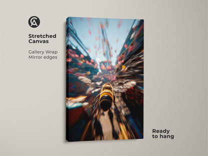 Stretched canvas print featuring a bee in flight. The artwork has gallery wrapped edges. This canvas is ready to hang. It's a great way to bring modern nature artwork into your space.