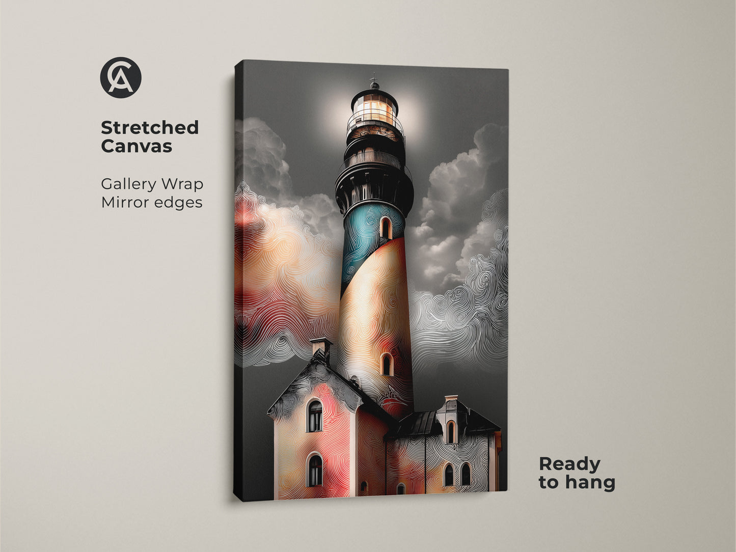 Stretched canvas art featuring a coastal lighthouse. Gallery wrap with mirror edges creates a modern look. The teal orange and grey artwork is ready to hang. Enhance your living room with nautical wall art.