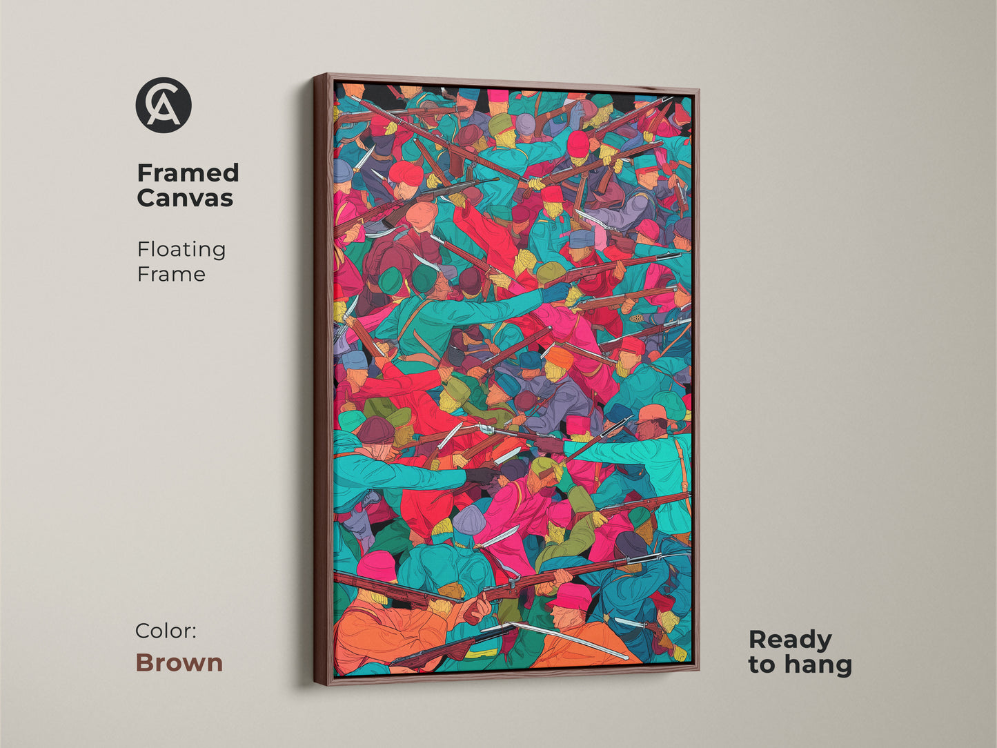 Framed canvas artwork displaying a historical battle scene. The artwork depicts soldiers with muskets in teal orange and red tones. It has a floating brown frame and is ready to hang. It is an ideal piece for history enthusiasts seeking study or office decor.