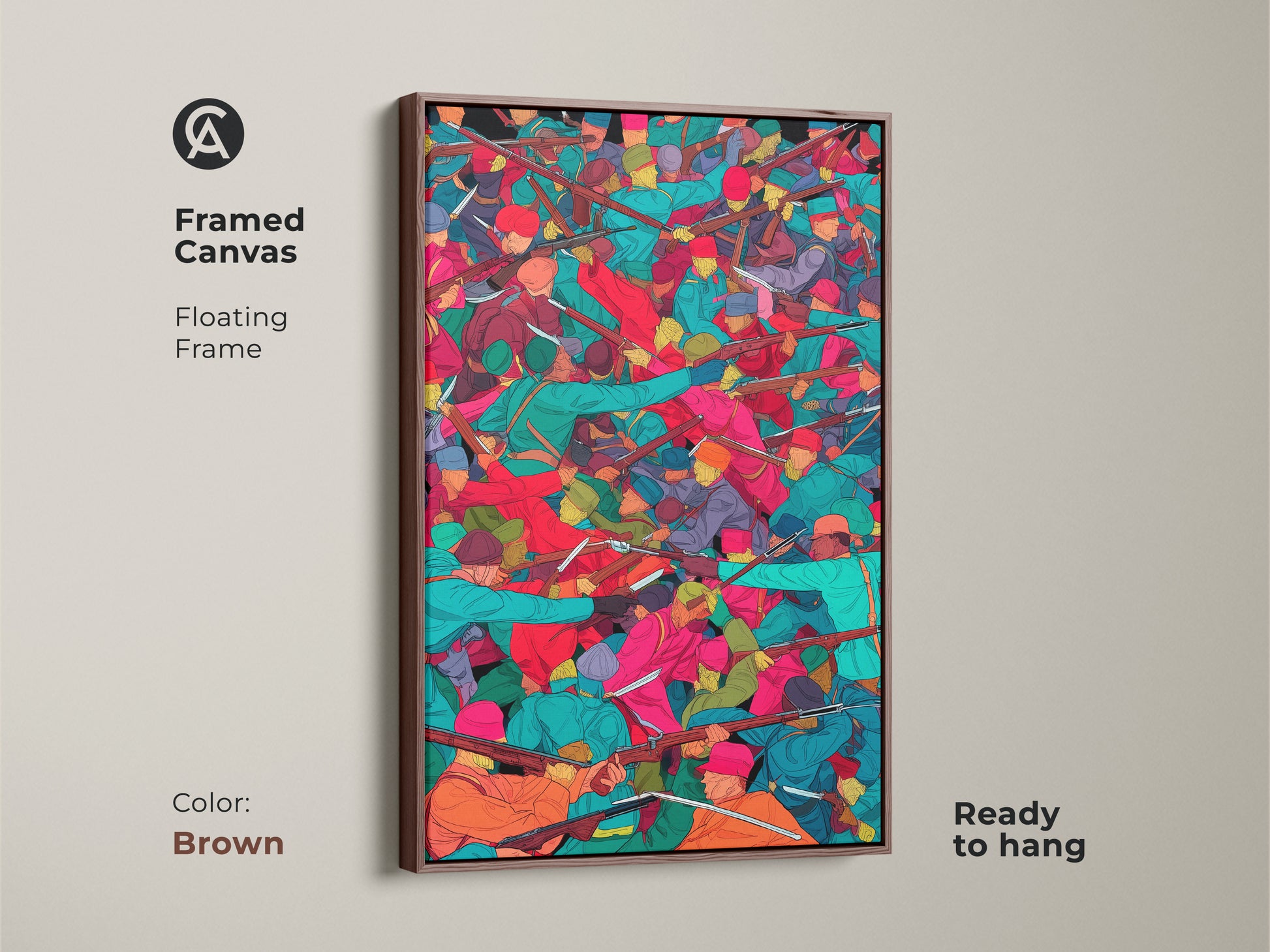 Framed canvas artwork displaying a historical battle scene. The artwork depicts soldiers with muskets in teal orange and red tones. It has a floating brown frame and is ready to hang. It is an ideal piece for history enthusiasts seeking study or office decor.