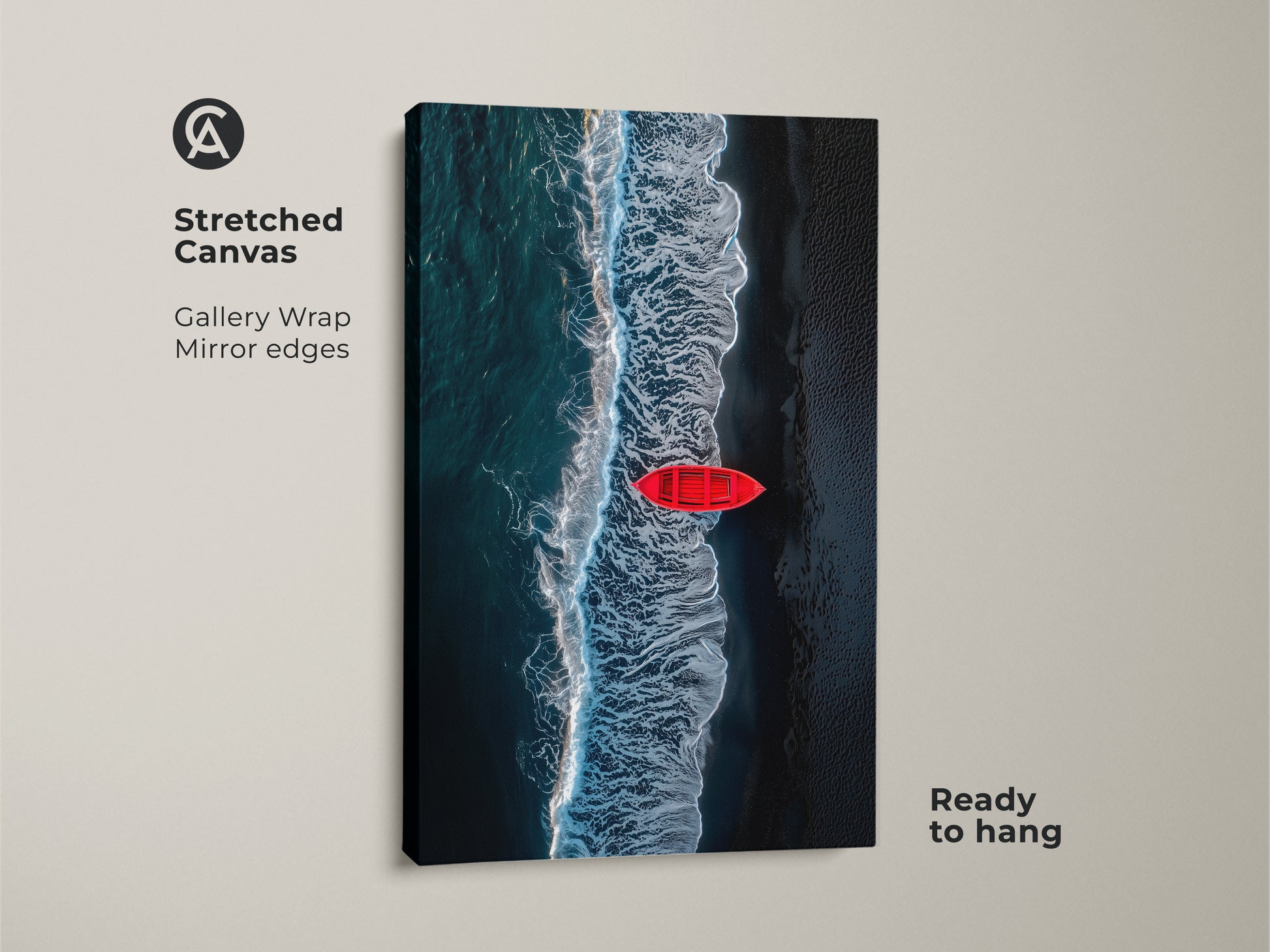 Stretched canvas print featuring a red boat on a beach. The gallery wrap has mirror edges. The artwork is ready to hang. Ocean waves meet the sand in this stunning piece.