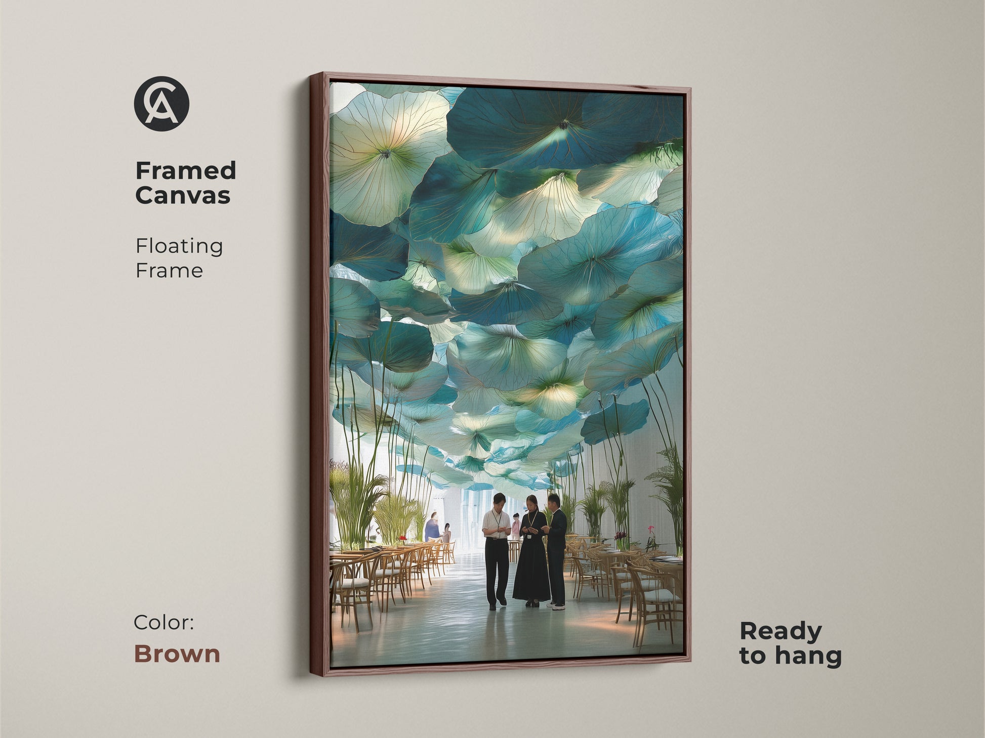 Framed canvas with a floating frame in brown. Teal and green lotus leaf artwork in a dining space. Modern botanical wall art is ready to hang. Abstract nature print enhances contemporary decor. It's a housewarming gift.