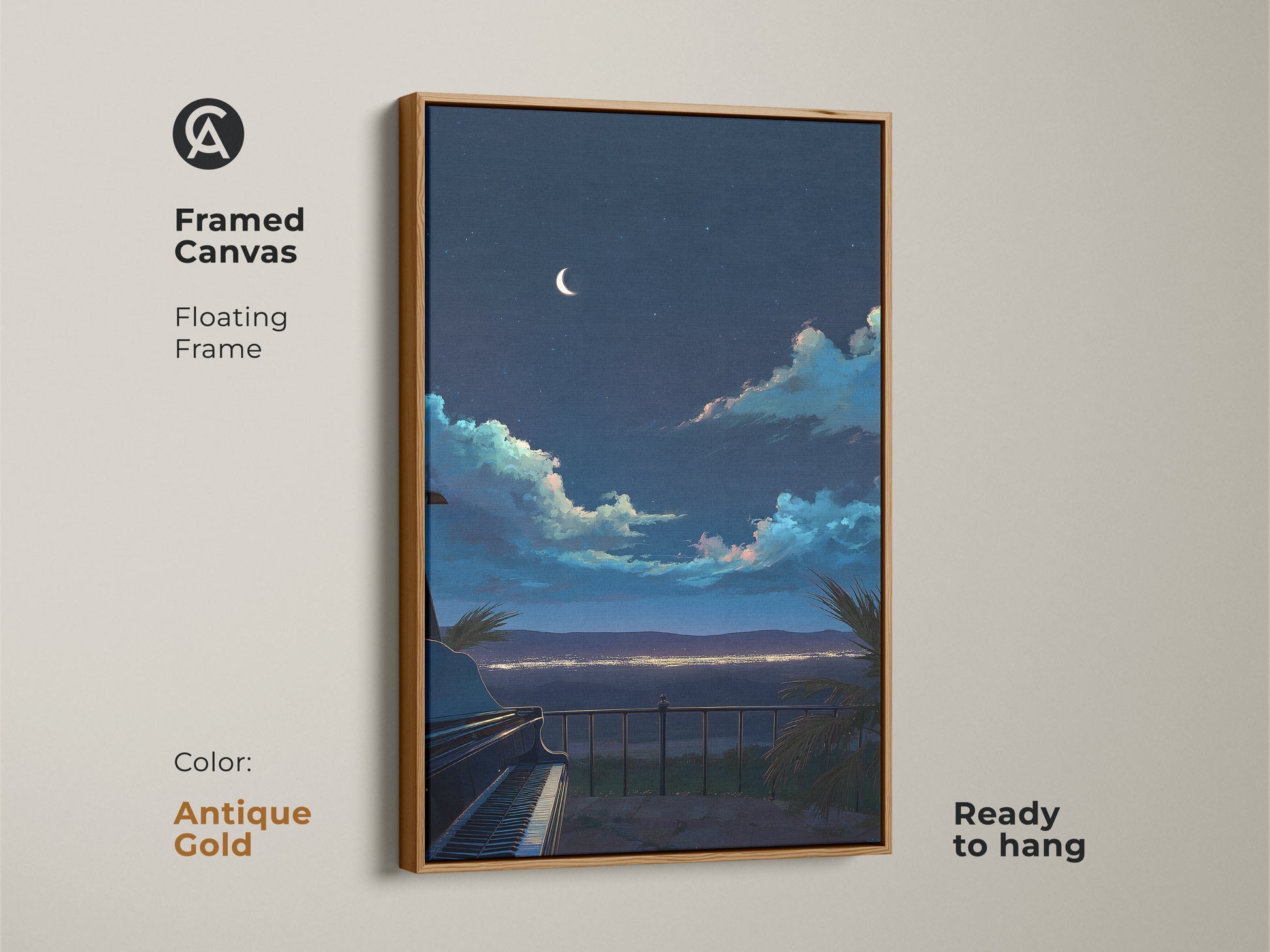 Framed canvas art featuring a grand piano and night sky. This eclectic music room decor features a floating antique gold frame. The atmospheric night art is ready to hang.