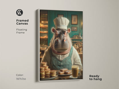 Framed canvas art print of a hippo chef in a white floating frame ready to hang. This unique animal print is perfect as a coffee lover housewarming gift. This artwork makes a great quirky kitchen poster with teal accents.